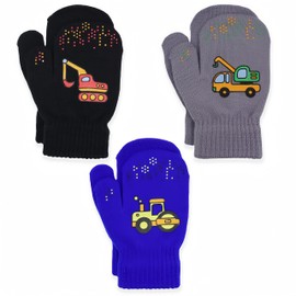 HACHWAIZZ 3 Pairs Kids Winter Knitted Mittens – Toddler Full-Finger Stretch Gloves for Boys – Soft, Warm & Cozy (3 Pairs – Truck) (3 Pairs - Truck A, 1-3 T)