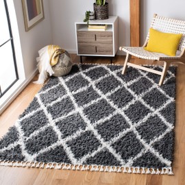 SAFAVIEH Moroccan Tassel Shag Collection Area Rug - 5'3" x 7'6", Grey & Ivory, Boho Design, Non-Shedding & Easy Care, 1.5-inch Thick Ideal for High Traffic Areas in Living Room, Bedroom (MTS359F)
