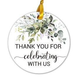 50 Thank You Favor Tags, Thank You for Celebrating with Us Gift Tags for Weddings, Bridal Showers, Birthdays, Parties, Baby Showers, 2-inch Round with 2 Rolls of Ribbon 20M/65.6ft. Greenery