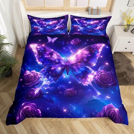 Butterfly Duvet Cover Set King Size,Romantic Purple Rose Flowers Floral Reversible Comforter Cover with 2 Pillowcases,Blue Galaxy Starry Stars Nebula Black Microfiber Quilt Cover Set (NO Comforter)