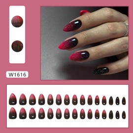 Tyuimhx Cat Eye Press on Nails Short Almond Fake Nails Red Black Gradient False Nails Glossy Full Cover Stick on Nails Acrylic Red Black Ombre Artificial Nails for Women 30 Pcs