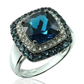RB Gems 925 Sterling Silver Cocktail Ring Genuine Gems Cushion 10 mm with Double-row Accented Gems, 5 Carats, Rhodium-Plated Finish (London Blue Topaz, 5)