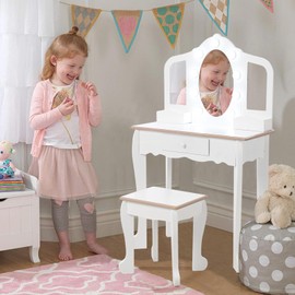 Garveehome Kids Vanity Table and Chair Set with Light, Girls Vanity with Mirror, Drawer and Pretend Playset, Wooden Princess Makeup Desk Dressing Table, Toddler Vanity (Batteries Not Included)