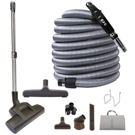 OVO Central Vacuum Deluxe Plus Kit, With 40ft Low-Voltage hose, ON/OFF Control at the handle Air Driven carpet beater, 12’’ floor brush and accessories, Black and grey