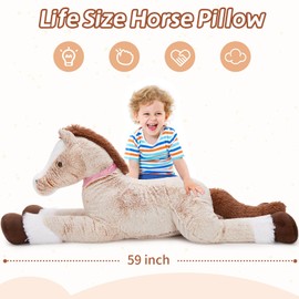 Tezituor 59 inches Giant Horse Stuffed Animal, 5ft Realistic Life-Size Stuffed Horse Horse Toy, Hugging Soft Horse Plush Pillow for Boys Girls