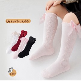 CHUNG Baby Girls Knee High Socks Cotton Knitted Spanish Bowknot Stockings 4 Wave Bowknot, 3-5Y