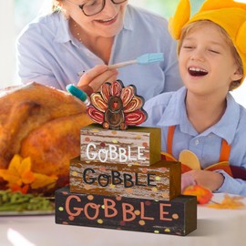 Smile Thanksgiving Decor Indoor Wooden Block Signs, Turkey Decor Gobble for Rustic Farmhouse Home, Thanksgiving Table Tiered Tray Kitchen Decorations