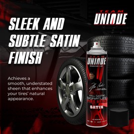 TEAM UNIQUE Tire Shine Satin – 18 oz, Pack of 12 | Advanced Formula for a Lasting Satin Sheen | Protects Tires from Cracking and Fading | Non-Greasy, Low-Sling Spray