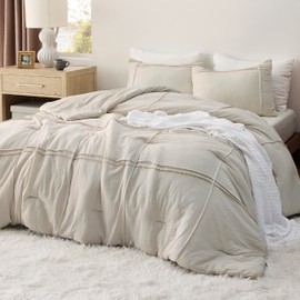 Bedsure Queen Comforter Set with Sheet - 4 Pieces Soft Beige Bedding, Grid Pinch Pleat, All Season Lightweight Fluffy Bed Set with Solid Boho Comforter, Pillowcases & Sheet
