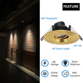 POPANU 4-inch LED Recessed Lights - 5 CCT 4 Inch Eyeball Ceilling Gimbal Potlight, Dimmable Recessed Lights Fixture with Junction Box, 8W CCT Adjustable, Shiny Gold, with Baffle, 6P