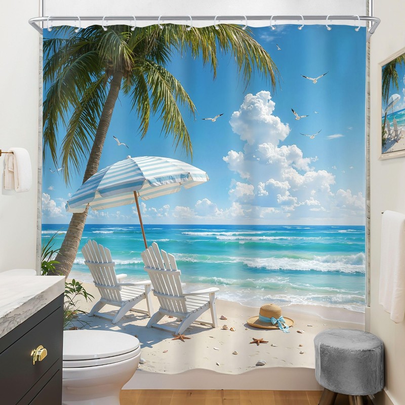 Riyidecor Blue Ocean Beach Theme Shower Curtain 72Wx72H Inch Summer