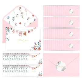 50PCS Baby Shower Thank You Cards,Pink Thank You Cards with Envelopes Sticker,Pink Greeting Card with Delicate Watercolor Wildflower Patterns for Baby Shower Party Birthday Gender Reveal