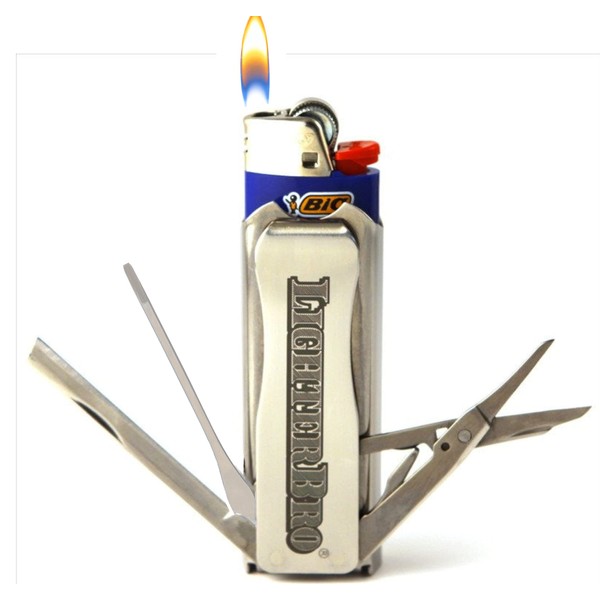 LighterBro Money - Stainless Steel Sleeve to Transform Your Pocket Lighter - Lighter Case with Poker, Super Sharp Knife & Scissors, Bottle Opener, Screwdrivers, & Keychain Holder
