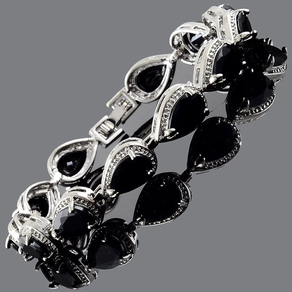 RIZILIA Tennis Bracelet [18cm/7inch] with Pear Cut Gemstones CZ [Black