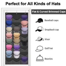 BiCINE Baseball Hat Rack, 24 Pocket Over The Door Cap Organizer with 3 Hooks, Cap Hat Holder Hanger For Closet With Large Clear Pockets, Hat Storage to Protect and Display, Black - 1 Pack