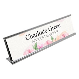 Badgemaster Pink Floral Print with Black Text Desk Plaque Name and Job Title Modern Stylish Desk Accessories