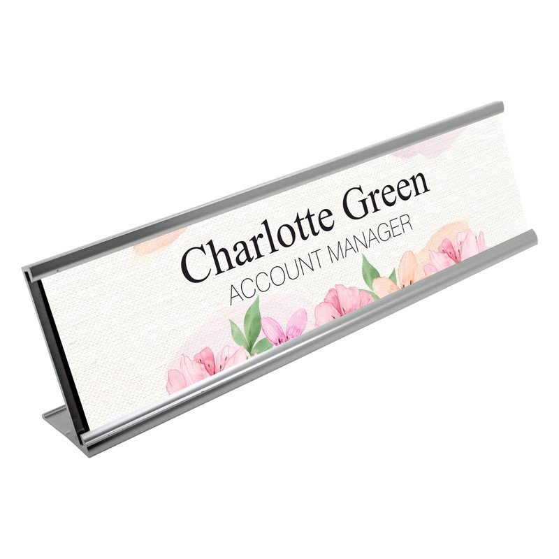 Badgemaster Pink Floral Print with Black Text Desk Plaque Name