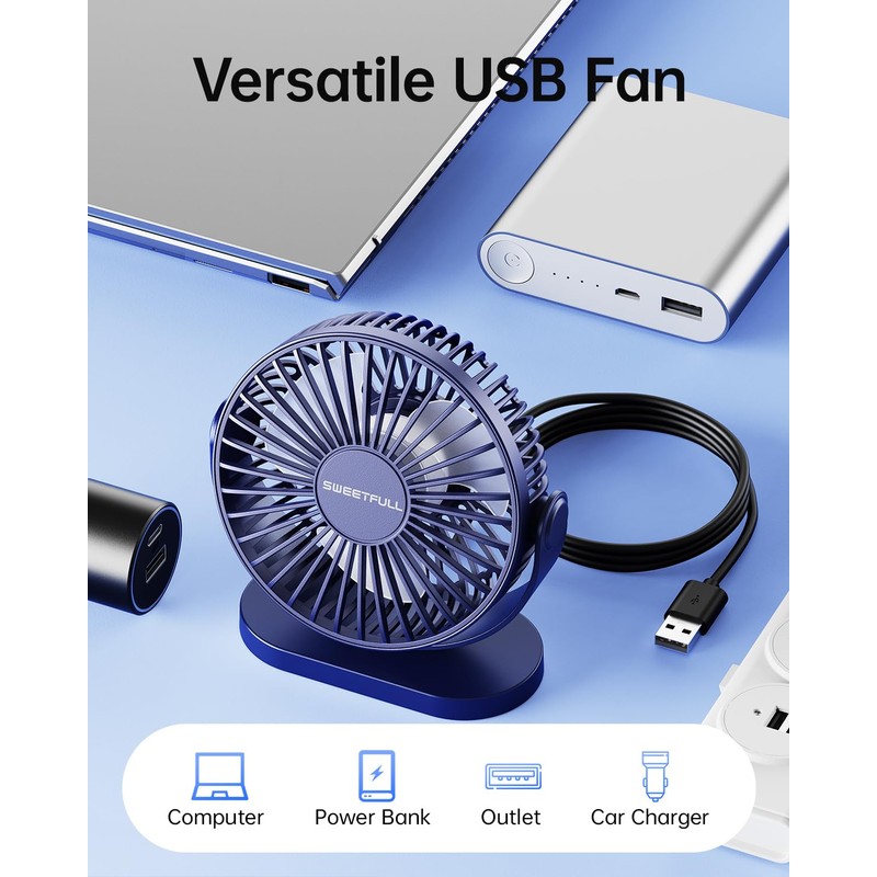SWEETFULL USB Desk Fan Small Quiet - 3 Speeds Mini