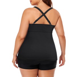 Firpearl Underwire Swimsuits for Big Busted Women Criss Cross V Neck Bathing Suit Tops Black Push Up Tankini with Boy Shorts 16