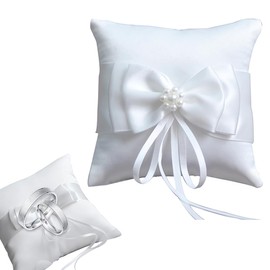 MIRKUZI Ring Cushion Wedding Ring Cushion White Ring Bearer Cushion with Simulation Pearl Beautiful Bowknot for Engagement or Wedding Rings Vintage (10 x 10 cm)