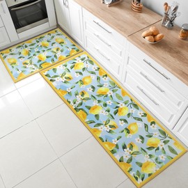 Sliner 2 Pcs Lemon Kitchen Mats Lemon Printed Kitchen Rugs Farmhouse Kitchen Mats for Floor Non Skid Washable Absorbent Microfiber Lemon Kitchen Decor Set for Sink Laundry, 17" x 30" + 17" x 47"