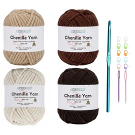 Jaciensh Thick Chenille Yarn, 4x100g Fluffy Chunky Yarn for Crochet, 5mm Crochet Hook Included, Great for Blankets Scarves and Suitable for Beginners & Pros (Brown - 4)