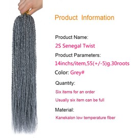 Palace hair 6Pack/LOT Senegalese Twist Crochet Hair Braids Small Easy Twist Crochet Braiding Hair 2S Senegalese Twists 14 inch 18inch 24inch 30strands/pack Hairstyles For Black Women color… (14inch, Grey)