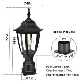 FUDESY Outdoor Post Lights, Electric Exterior Lamp Post Light Fixture with Pier Mount Base, LED Bulb Included, Anti Corrosion Black Plastic Materials, 2-Pack Pole Lanterns for Garden, Patio, Pathway