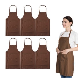 LOYHUANG Total 6PCS Brown Bib Apron Adult with 2 Pockets for Women Men Chef Cooking Kitchen (6, Brown)