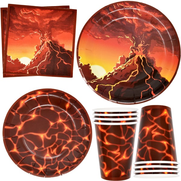 Volcano Lava Party Supplies Tableware Set 24 9" Paper Plates 24 7" Plate 24 9 Oz Cup 24 Lunch Napkin for Nature, Science or Dinosaur Themed Disposable Birthday, Luau Decor