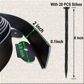 Usedgdig Heavy Duty 20FT Landscape Edging Kit No Dig Garden Edging with 20 Anchoring Spikes Plastic Garden Border for Flower Garden, Lawn, Paver (2Inch Tall, Black)