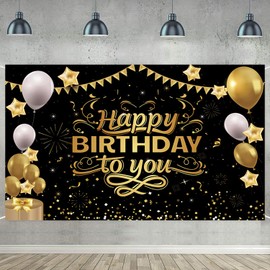 Black and Gold Happy Birthday Backdrop Birthday Party Decorations Sign Photo Banner Background for Men Women Children Birthday Party Supplies