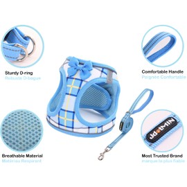 JdotMIN Plaid Step-in Dog Harness and Leash Set, for Small Dog and Cat Vest Harness No Pull, Escape Proof, for Walking Puppy and Kitten, for Travel and Car, Harnais Pour Chien (Blue, S)