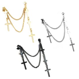 3Pcs Punk Layered Cross Long Threader Tassel Link Chain Dangle Drop Earring Personality Gothic Multilayer Ear Cuff Clip for Women Men Statement Jewelry Gift-A 3pcs