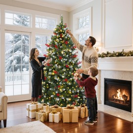 GOOBED Prelit Pre-Decorated Green Christmas Tree 6ft with Remote Control, Pre-Lit Hinged Artificial Xmas Tree w/ 818 Partially Frosted Tips, Pine Cones & Red Berries, 250 LED Lights, 11 Modes for Home