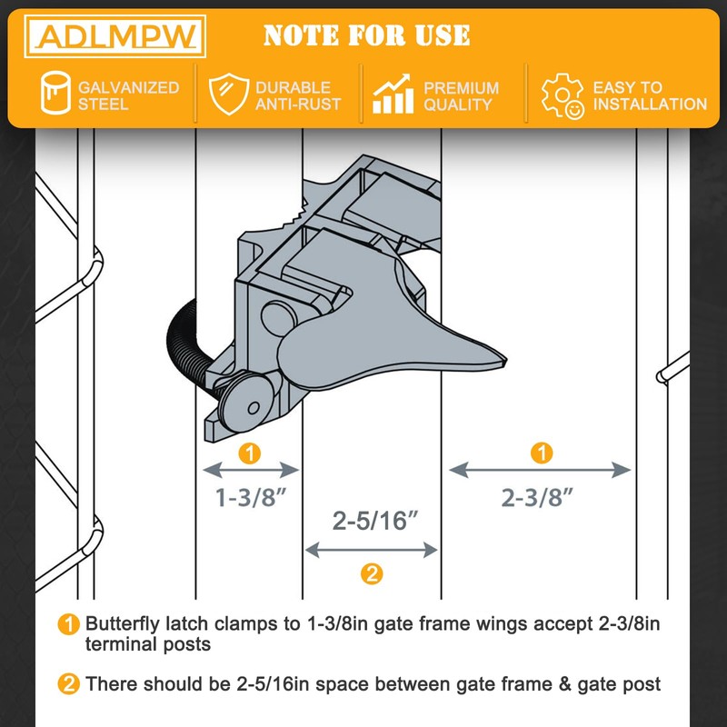 1-3/8" x 2-3/8" Chain Link Fence Butterfly Gate Latch, Galvanized