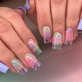 24PCS Spring White Press on Nails Medium Square Fake Nails Colorful Flowers Basket Purple Design Full Cover Glossy Acrylic Reusable False Nails Stick on Nails for Women Spring Summer Nail Art Decor