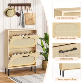 Crownland Shoe Cabinet, Shoe Storage Cabinet with 2 Flip-Out Drawers, Modern Two-Tier Shoe Rack Cabinet for Entryway, Hallway, Living Room(Wood)