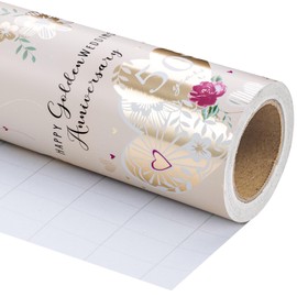WRAPAHOLIC 50th Anniversary Wrapping Paper Roll - Mini Roll - 17 Inch x 33 Feet - Gold Foil 50 Years Happy Golden Wedding Anniversary Design Perfect for Celebration, Party