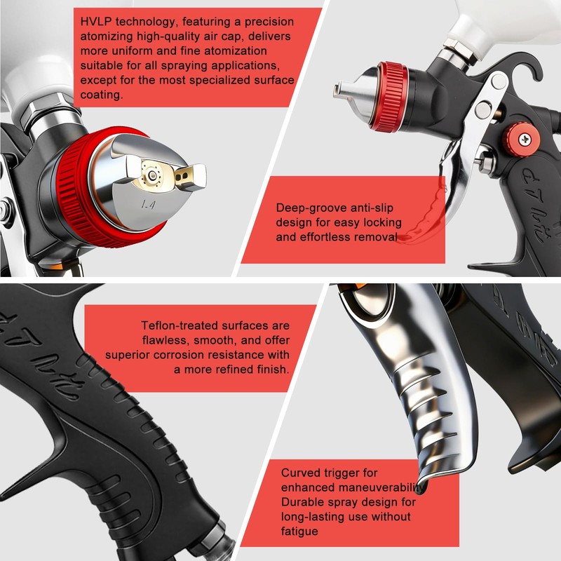 HVLP Spray Gun with 1.4/1.7/2.0mm Nozzles and Accessories Red