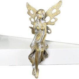 Shelf Sitting Fairy Figurine Resin Distressed Gold Angel Wings Decoration Gift 19cm