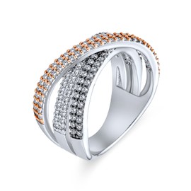 Personalize Tri Color Black White Rose Metal Pave AAA CZ Crossover Criss Cross Faux Stacking Eternity Bands Statement Cocktail Triple Band Rollover Ring or Women Sliver Plated Customizable