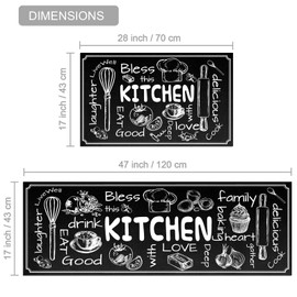 HOLVDENG Kitchen Mat Set of 2 Non Slip Thick Kitchen Rugs and Mats for Floor Comfort Standing Mats for Kitchen, Sink, Black, 17"x47"+17"x28"
