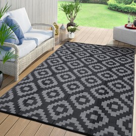 COZYLOOM Outdoor Rug 8x10 Patio Waterproof Plastic Straw Rug Reversible Outdoor Patio Rugs for Camping Backyard Lightweight Foldable Floor Mat for Porch Picnic RV Trip Poolside Beach Square Black Grey