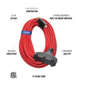 Clear Power 50 ft 14/3 SJTW 3 Outlet Heavy Duty Outdoor Extension Cord with Circuit Breaker Plug, Water, Weather & Kink Resistant, Flame Retardant, Red, 3 Prong Grounded Plug, CP10142
