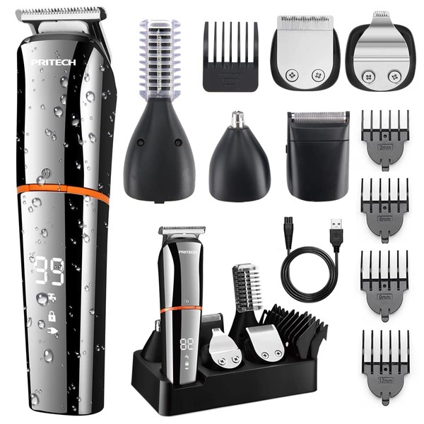 PRITECH Hair Trimmers,Beard Trimmer,6 in 1 Kit Electric Cordless Nose Trimmer Mens Grooming Trimmer for Beard Head Face and Body Waterproof IPX7 USB Rechargeable LED Power Display