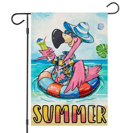 EKOREST Summer Garden Flags 12x18 Inch Double Sided, Tropical Flamingos with Swimming Ring Small Seasonal Decoration for Farmhouse Holiday Yard Outdoor Outside Decor