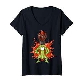 Womens Cartoon Character With Paintbrush For Kids Art Fun V-Neck T-Shirt