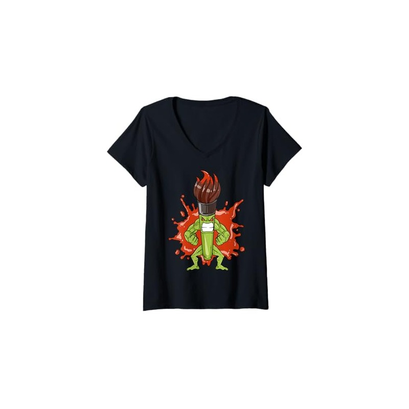 Womens Cartoon Character With Paintbrush For Kids Art Fun V-Neck