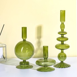 Rtteri 3 Pcs Glass Candlestick Holders Glass Taper Candle Holders Groovy Candlestick Wavy Elegant Glass Candlestick for Home Party Centerpiece(Green)